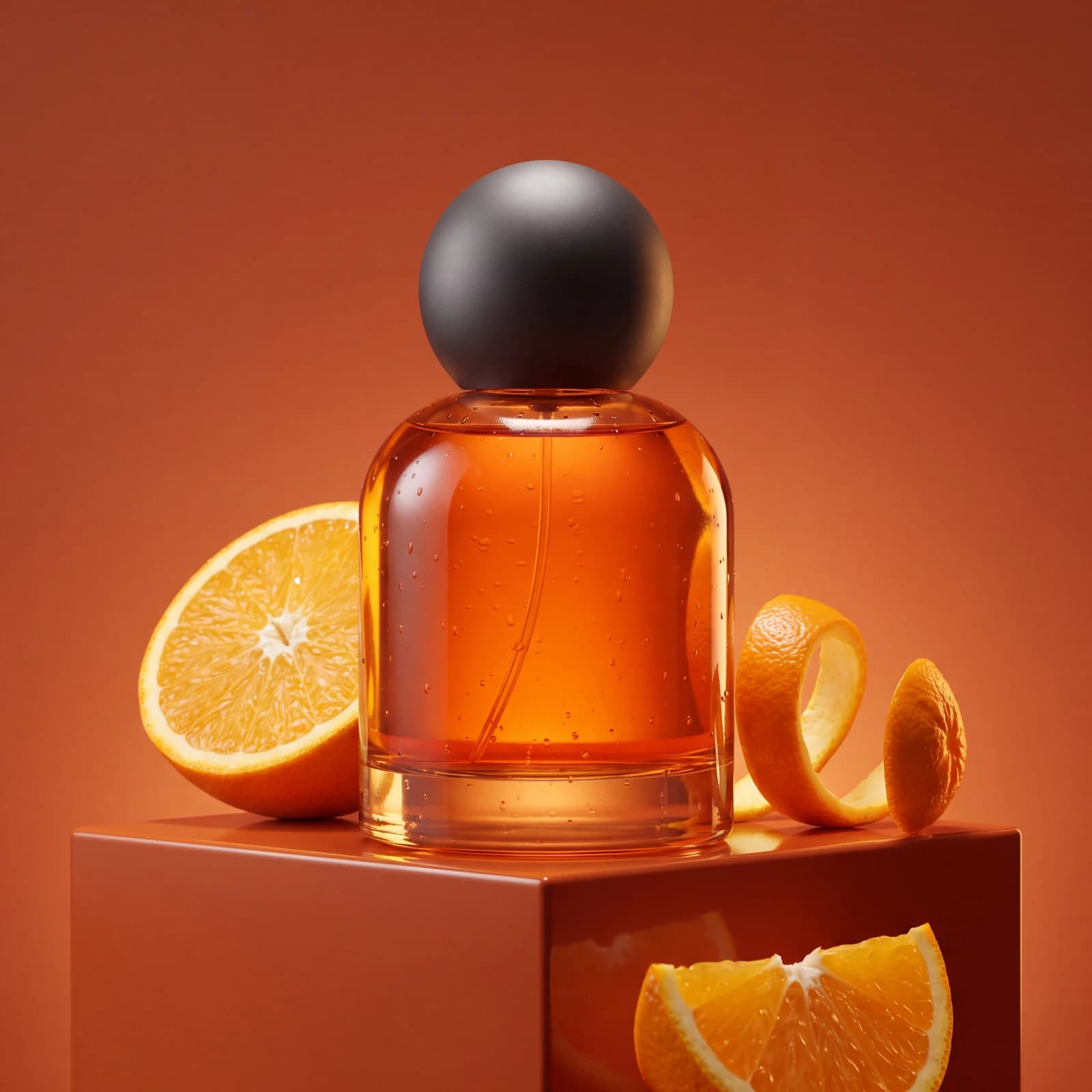 Amber perfume bottle with an orange